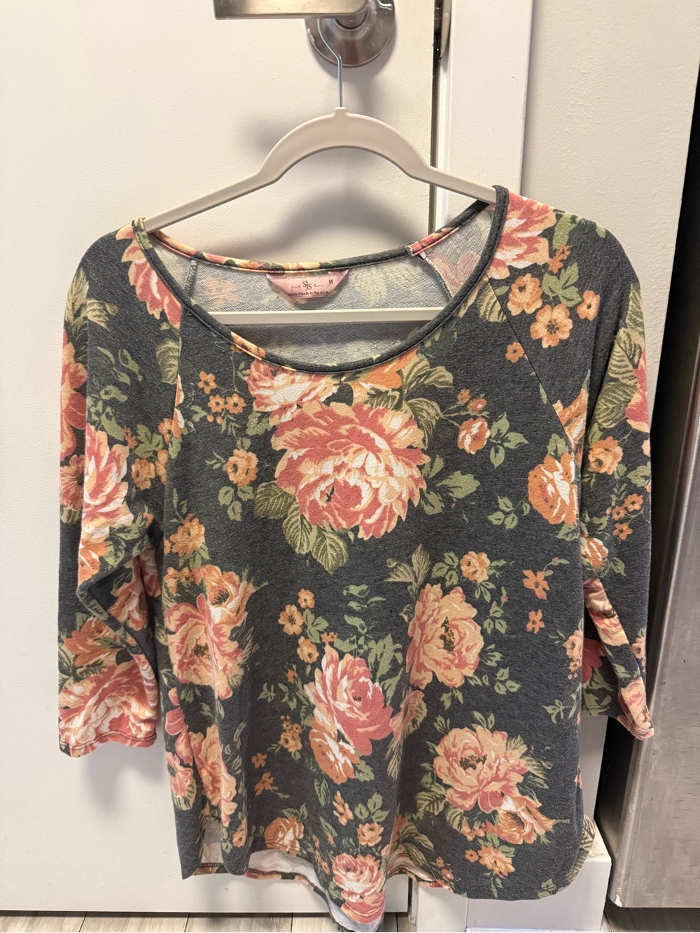 Floral Scoop Neck Women's Top in Charcoal and Peach - Soft Everyday Tee
